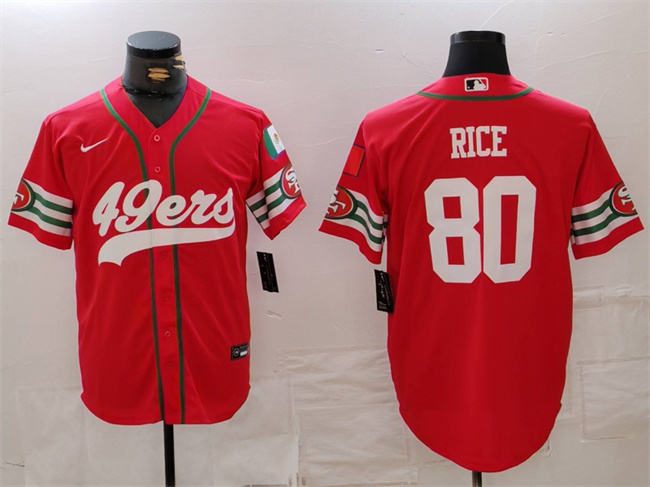 Men's San Francisco 49ers #80 Jerry Rice Red With Patch Cool Base Stitched Baseball Jersey Men's San Francisco 49ers #80 Jerry Rice Red With Patch Cool Base Stitched Baseball Jersey
